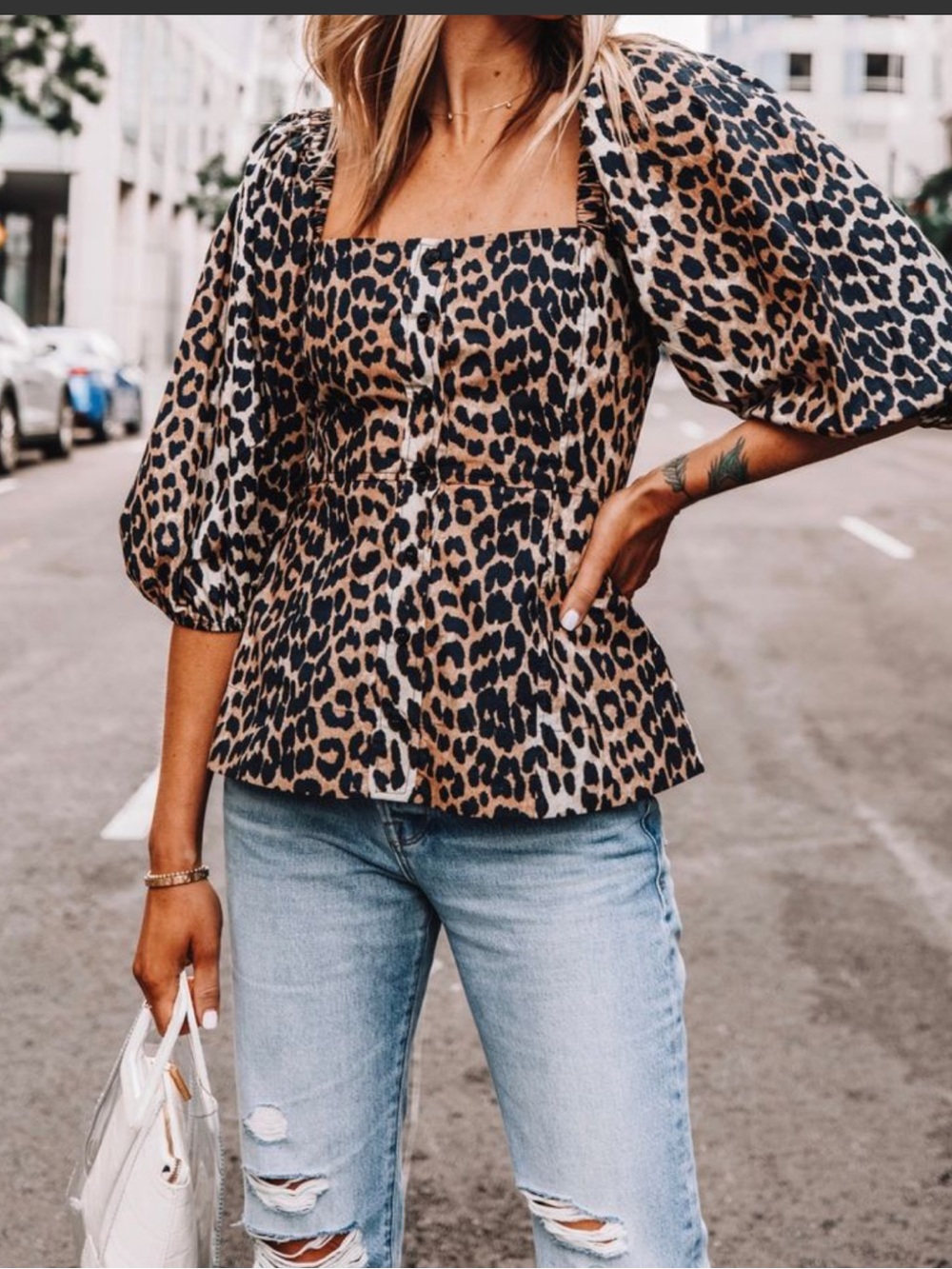 Ganni Leopard Print Puff Sleeve Square Neck Top - Brown & Black